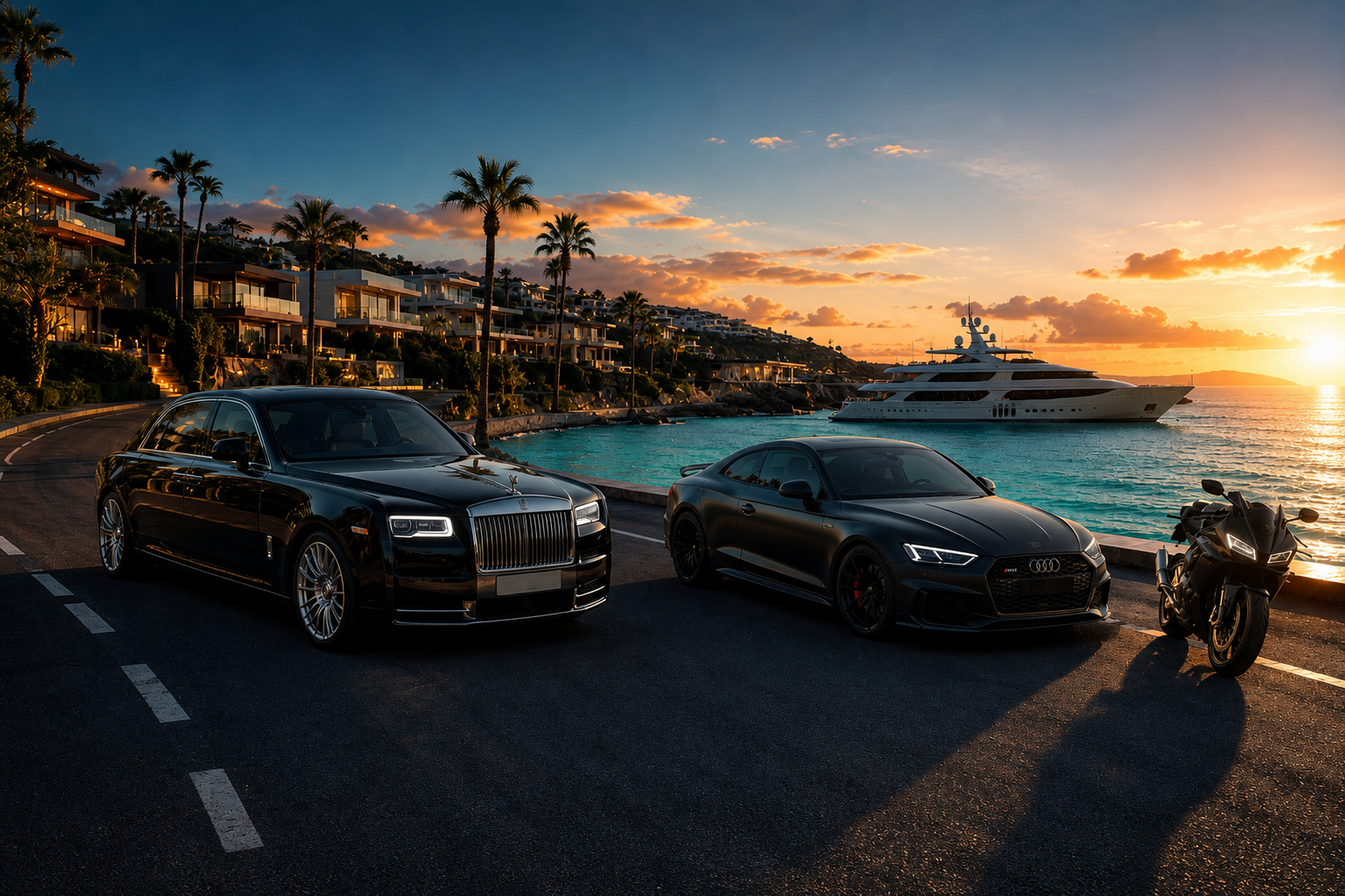 Premium rental — coast, yacht and luxury vehicles at sunset